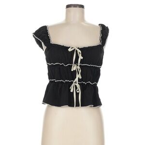 Cider Black and White Ruffled Tie Front Blouse